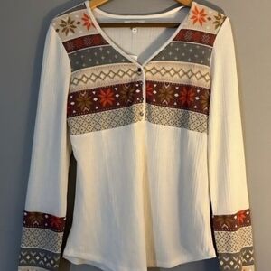 Women’s Cream Long-Sleeve Henley Top with Patterned Yoke